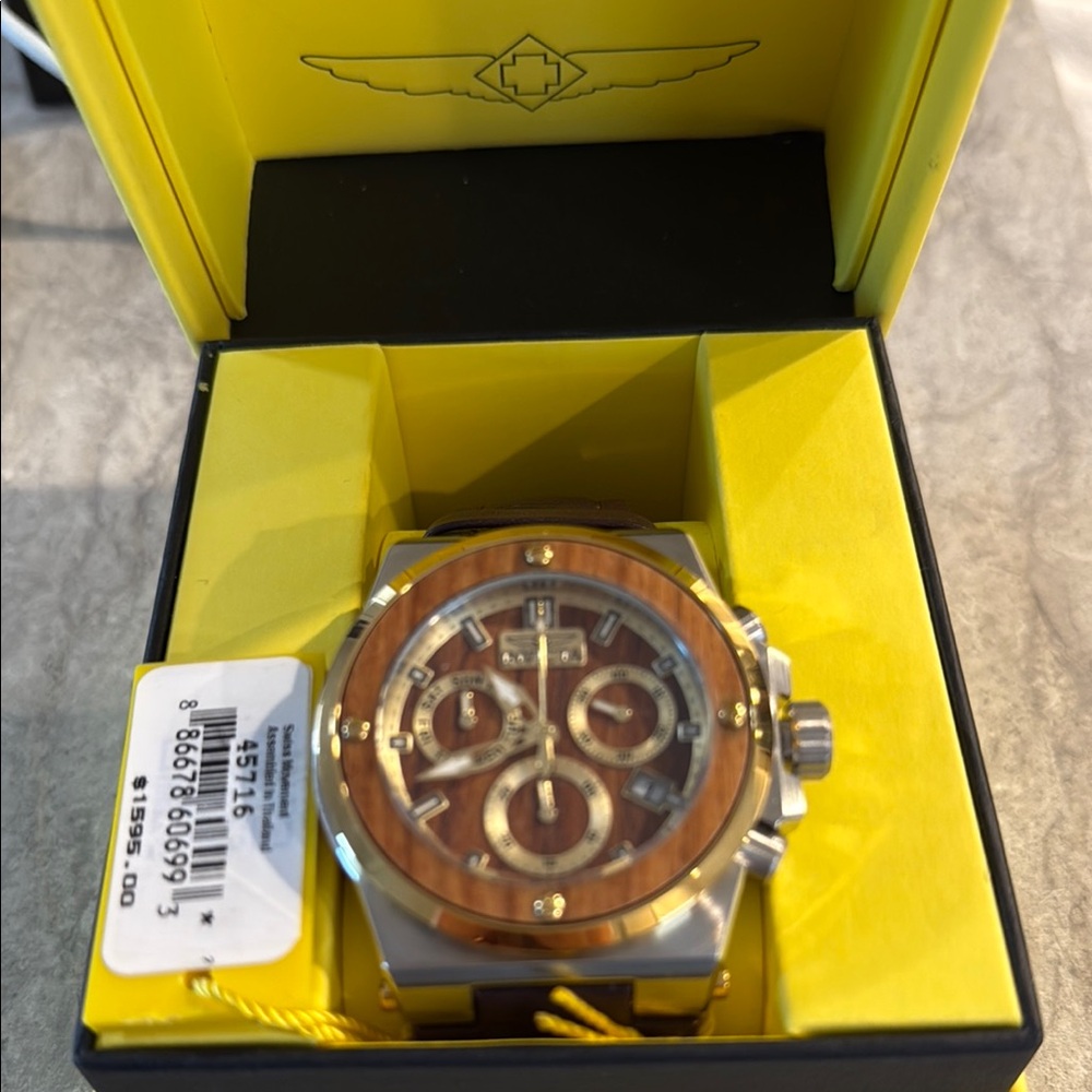 Invicta Men's Watch with Brown Wood and Gold Details